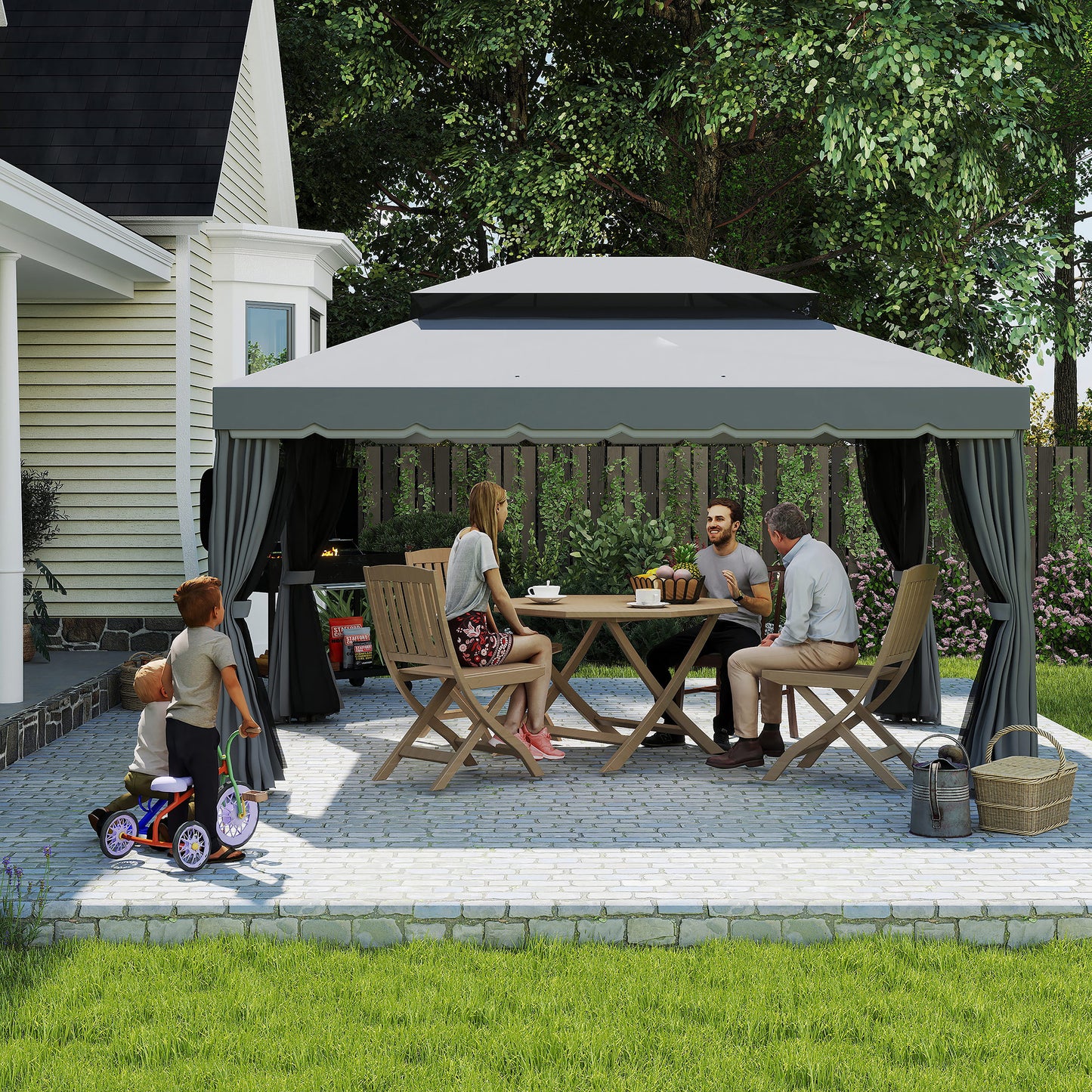 13' x 10' Patio Gazebo, Double Roof Outdoor Gazebo Canopy Shelter with Netting & Curtains, Strong Aluminum Frame, Dark Grey