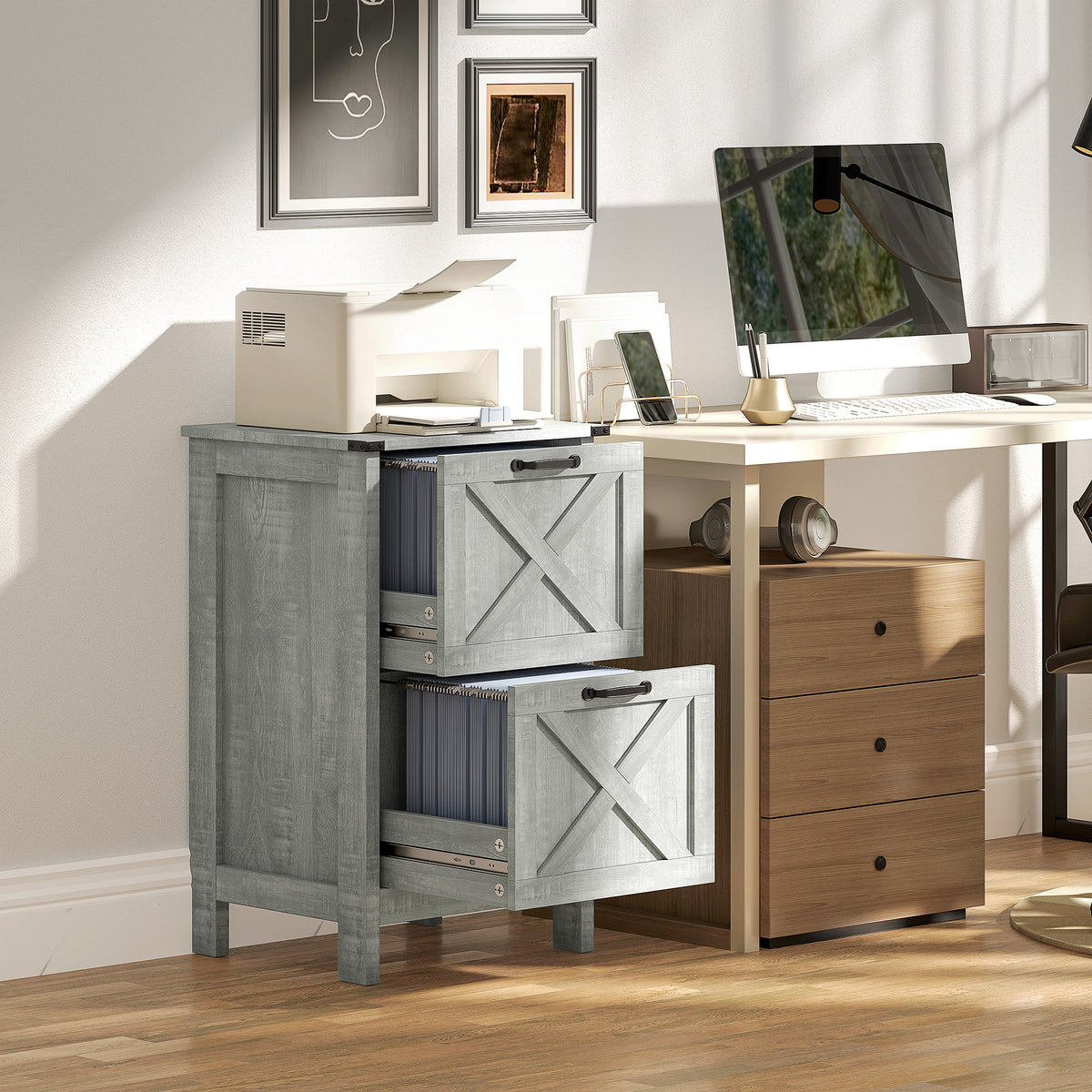 Vertical Filing Cabinet with 2 Drawers, Rustic Farmhouse Office Storage Cabinet for A4, Letter Size, Stone Grey