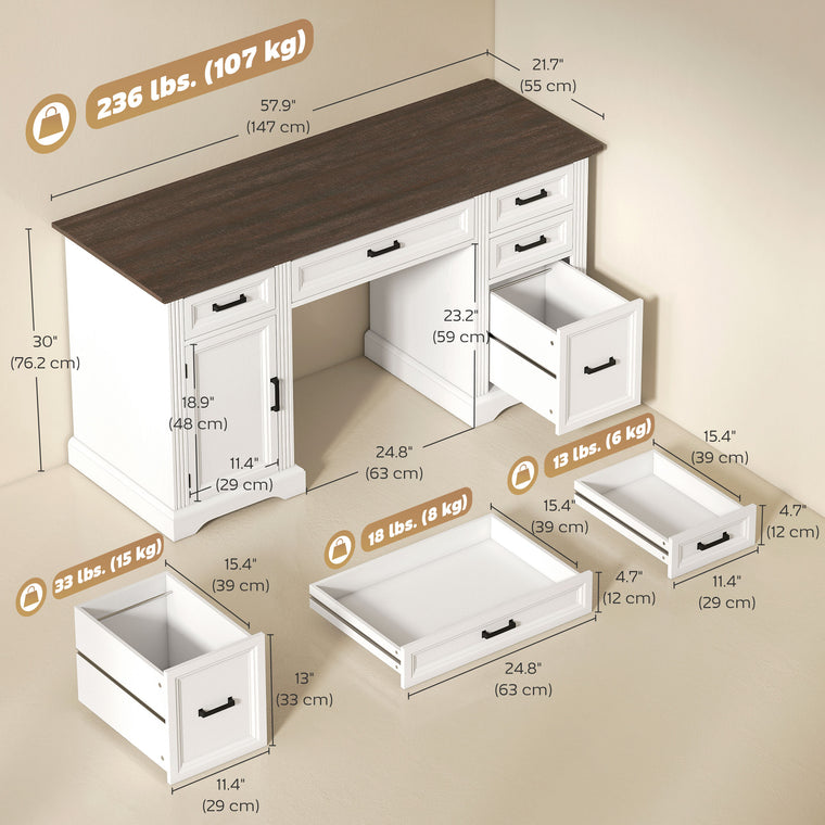 58" Executive Desk with Soft-Close File Drawer - White