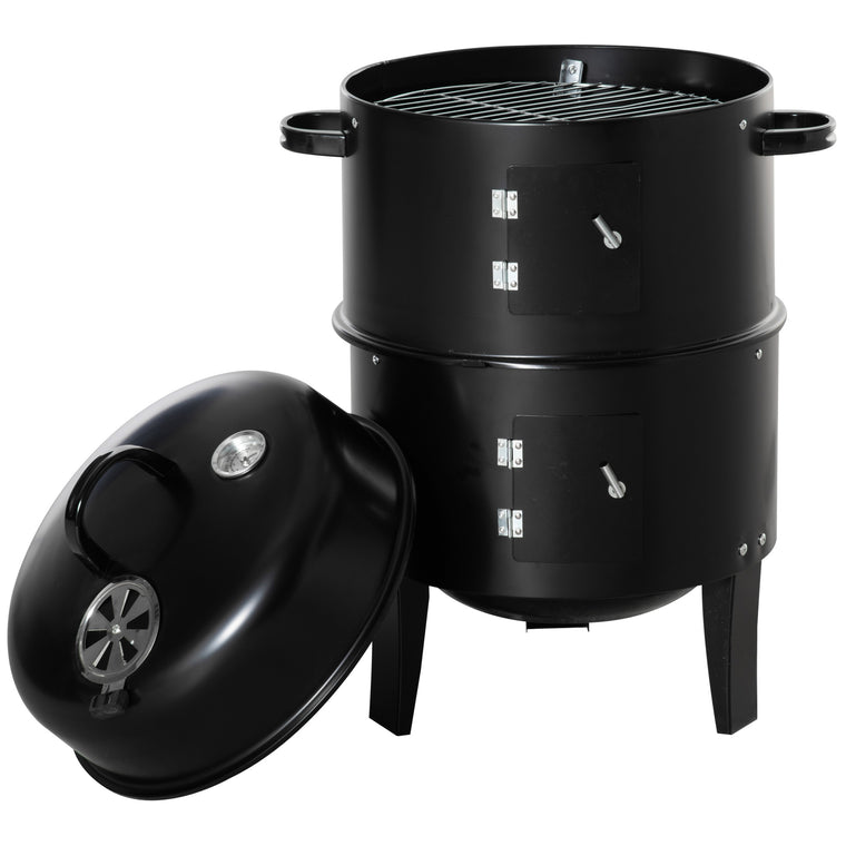 16" Black 3-in-1 Vertical Charcoal BBQ Smoker with Thermometer