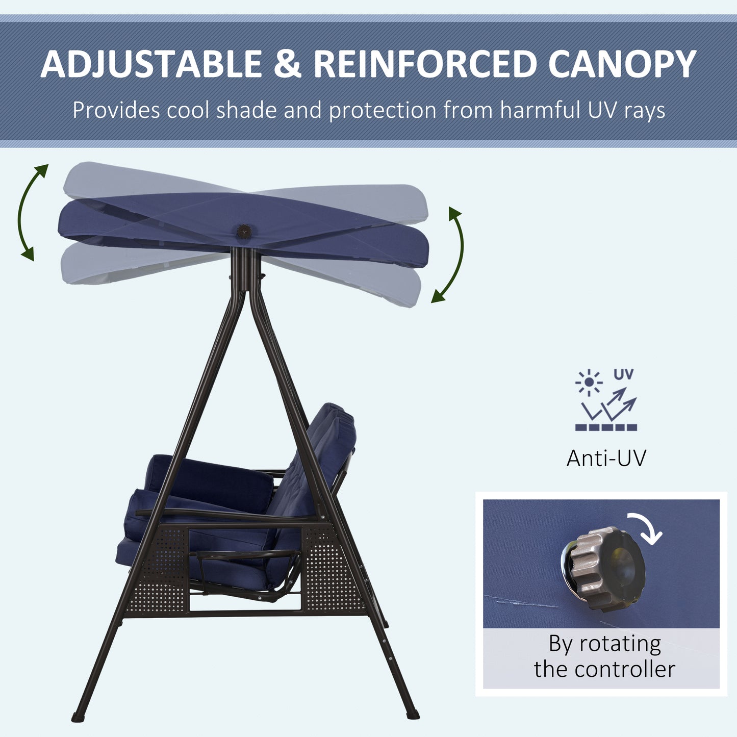 Outdoor Patio 3-Person Steel Canopy Cushioned Seat Bench Swing with Included Side Trays & Padded Comfort, Wine Red