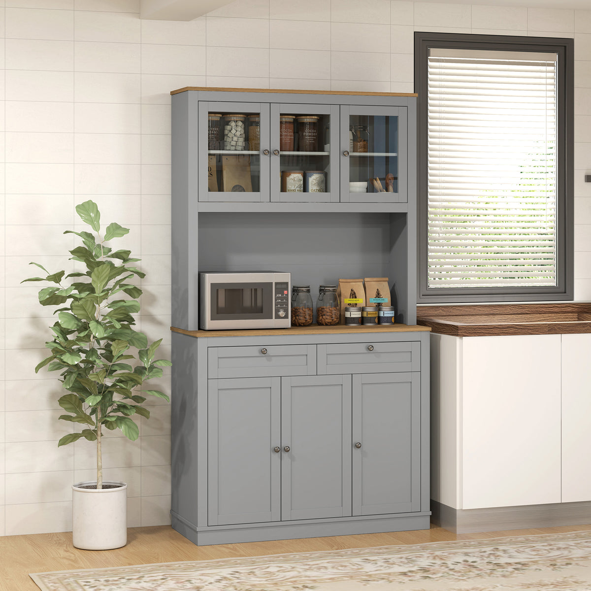 71" Pantry Cabinet with Microwave Space, Buffet with Hutch, 2 Drawers, Adjustable Shelves and Glass Doors, Grey