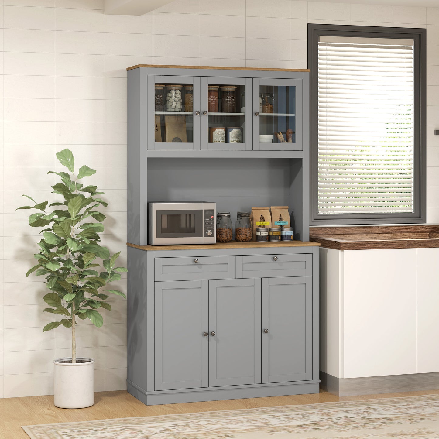 71" Pantry Cabinet with Microwave Space, Buffet with Hutch, 2 Drawers, Adjustable Shelves and Glass Doors, Grey