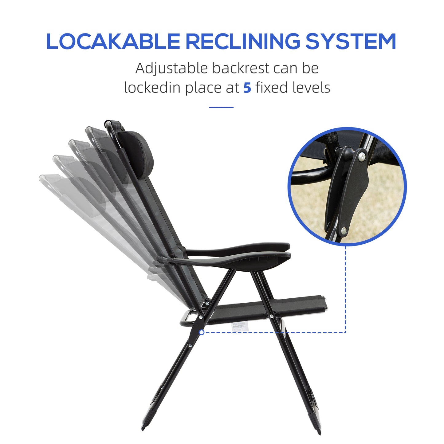 Set of 4 Camping Chairs, Outdoor Folding Lounge Chair Set with 5 Level Adjustable Backrest, Removable Headrest, Armrest for Camping, Backyard, Grey