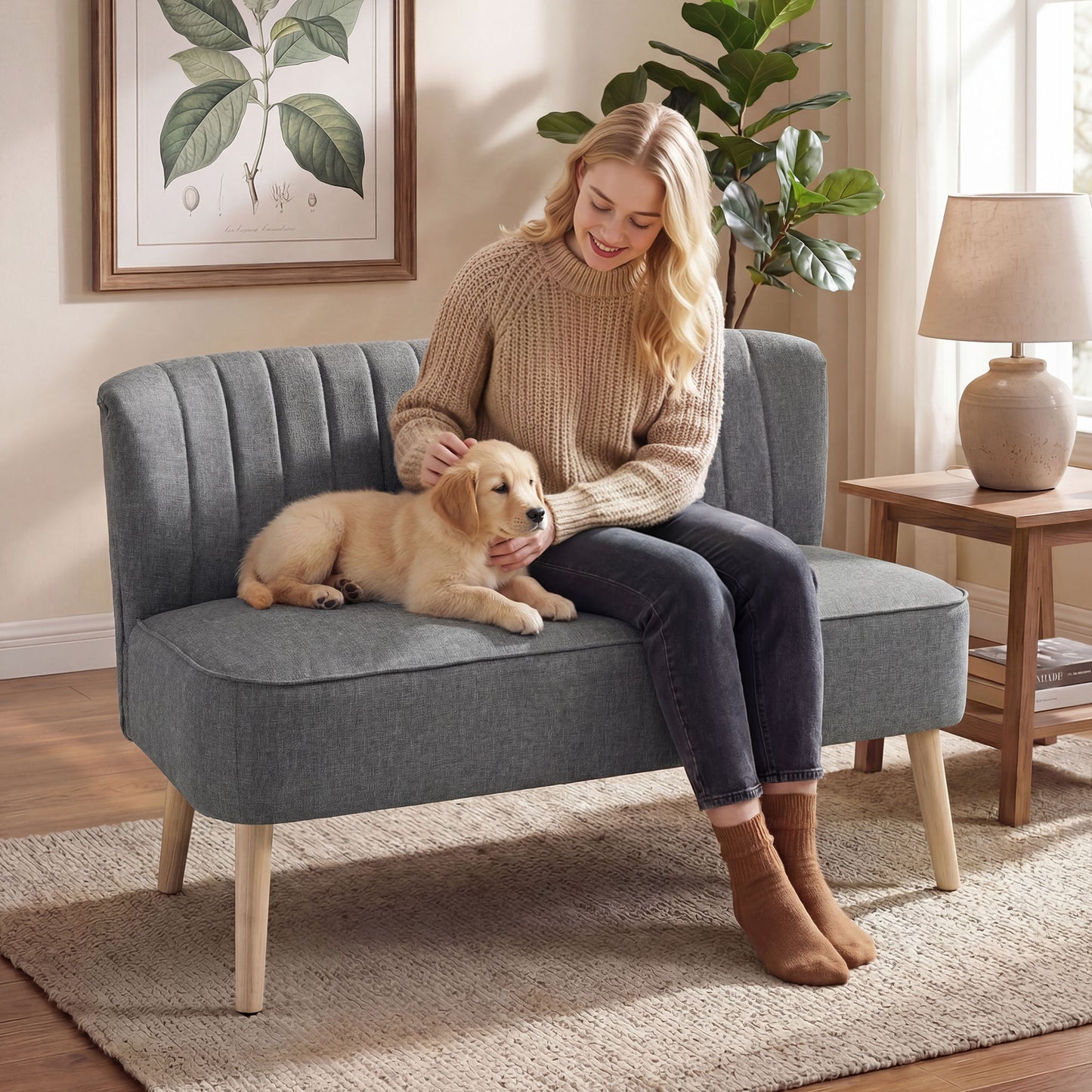Modern 2 Seater Sofa, Upholstered Two Seater Couch with Rubber Wood Legs, Grey