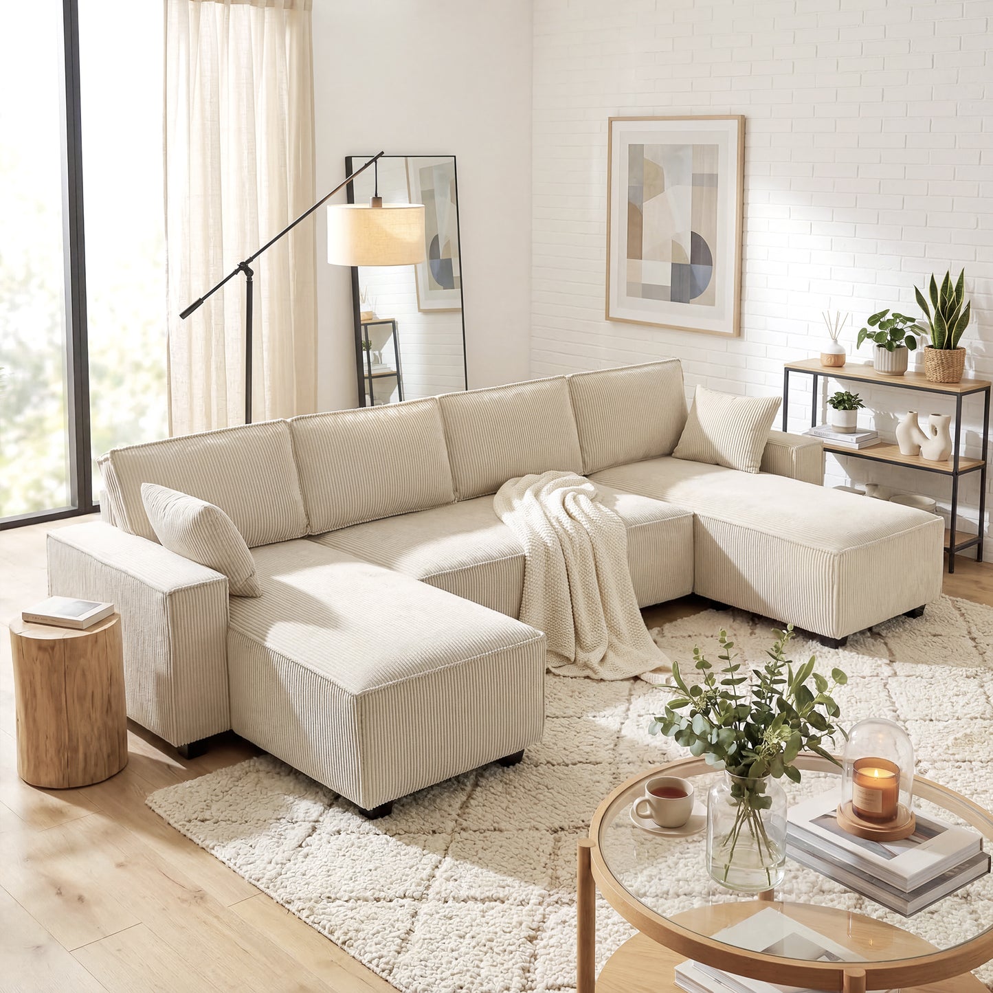 Modular U Shaped Couch, Sectional Sofa with Double Chaises and Spring Cushions, Beige