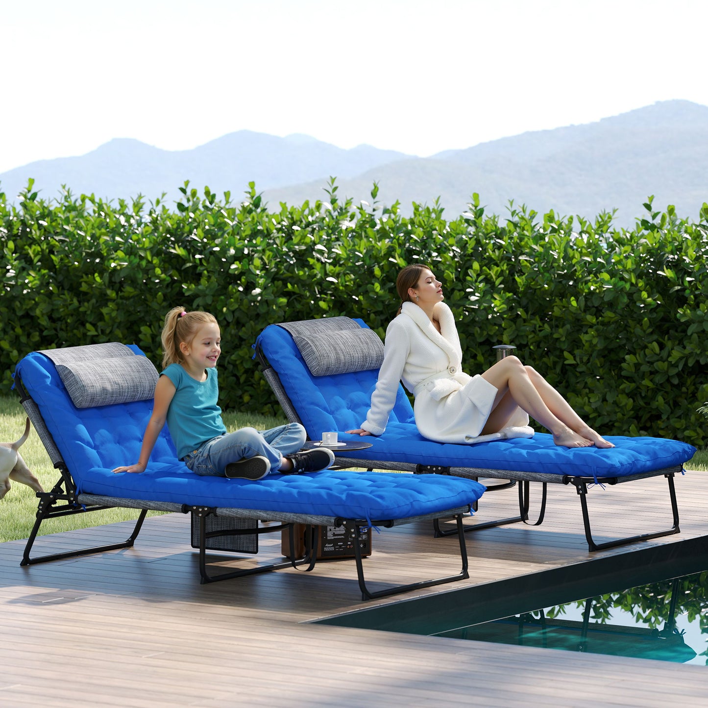 2-Piece Folding Lounge Chairs with Adjustable Backrest, Tanning Chair with Cushion, Side Pocket, Headrest, Beige