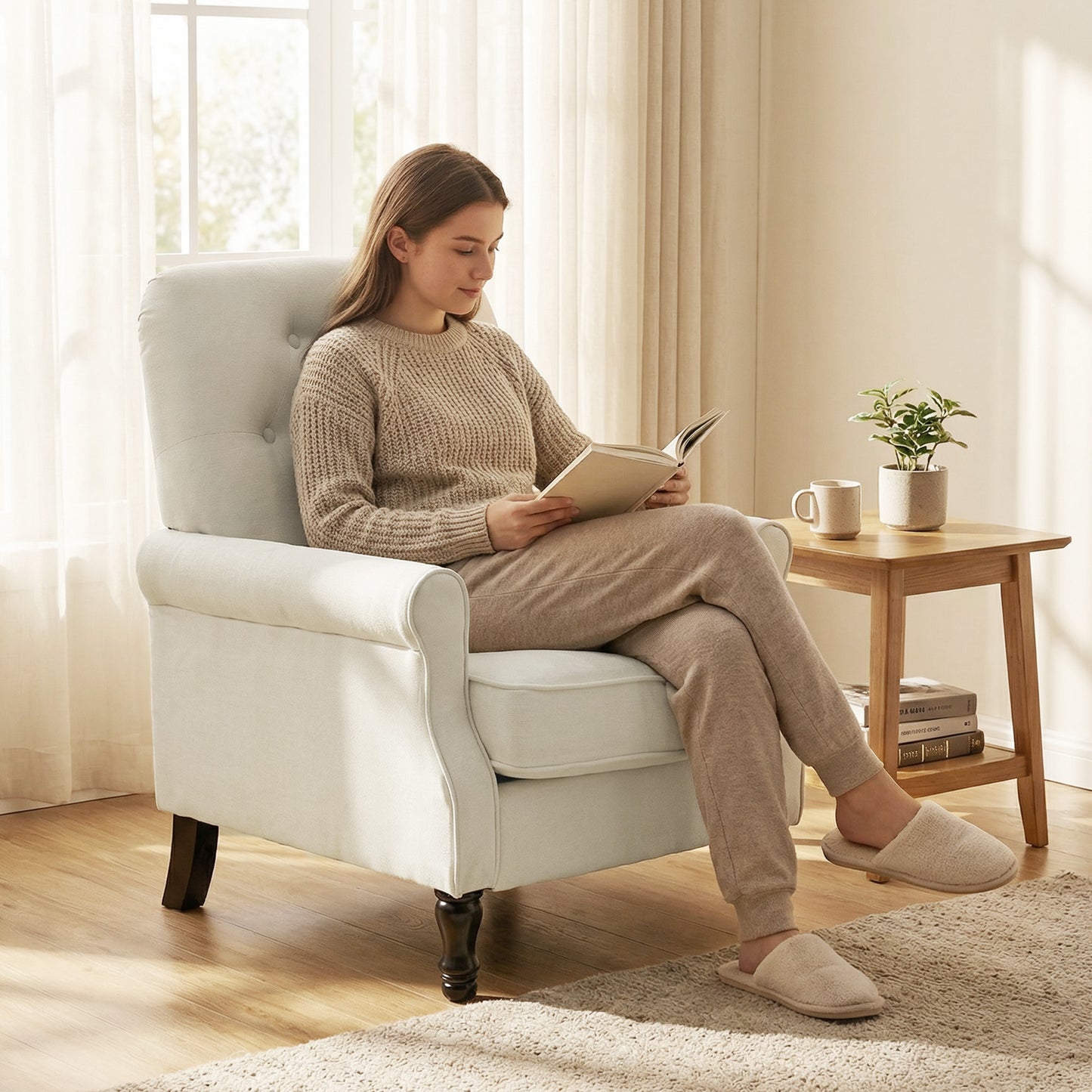 Accent Chair, Mid-Century Modern Armchair with Thick Padded Seat, Spring Cushion, Solid Wood Legs, Cream White