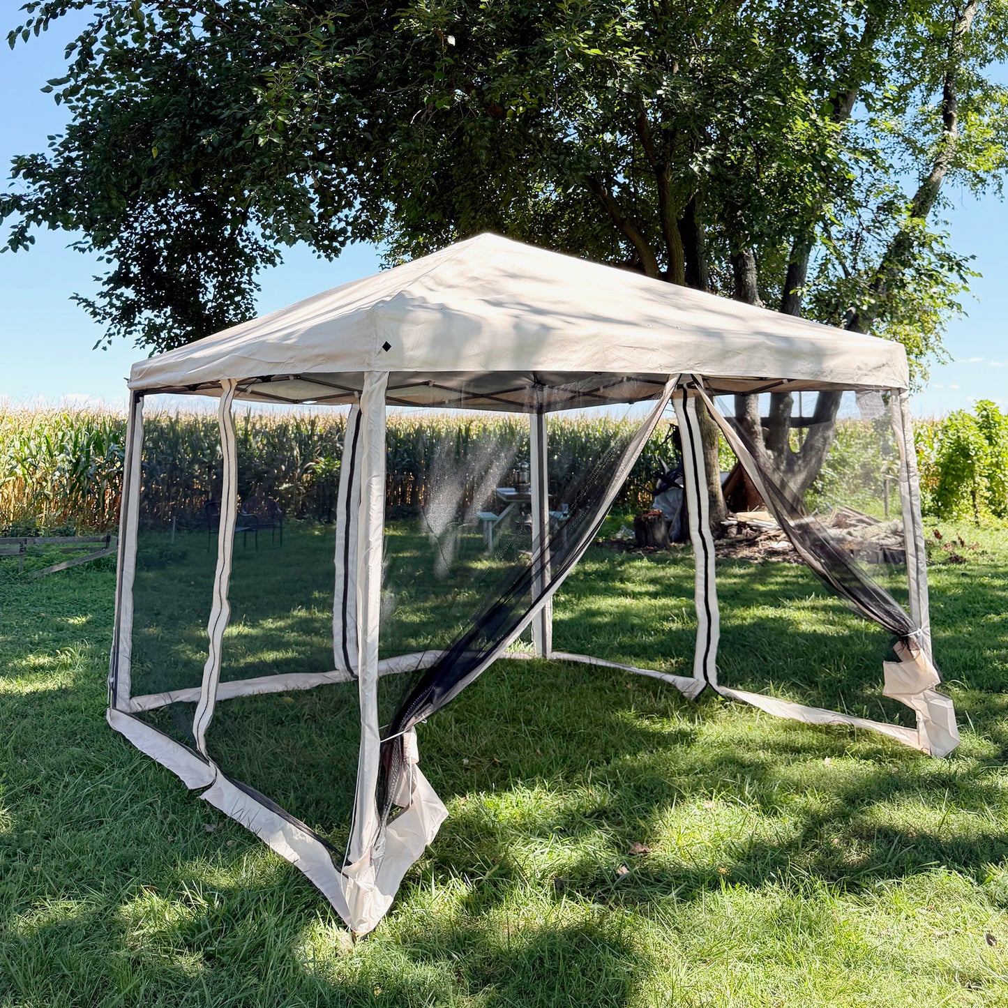 10' x 10' Pop Up Canopy Tent Gazebo, Foldable Canopy Tent with Zipper Mesh Sidewalls and Carry Bag, Easy Setup Screen Shelter for Backyard Patio Outdoor, Beige