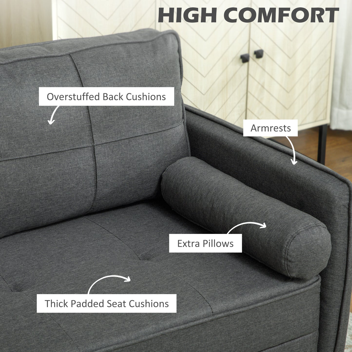 56" Loveseat Sofa for Bedroom Upholstered 2 Seater Couch with Back Cushions and Pillows, Dark Grey