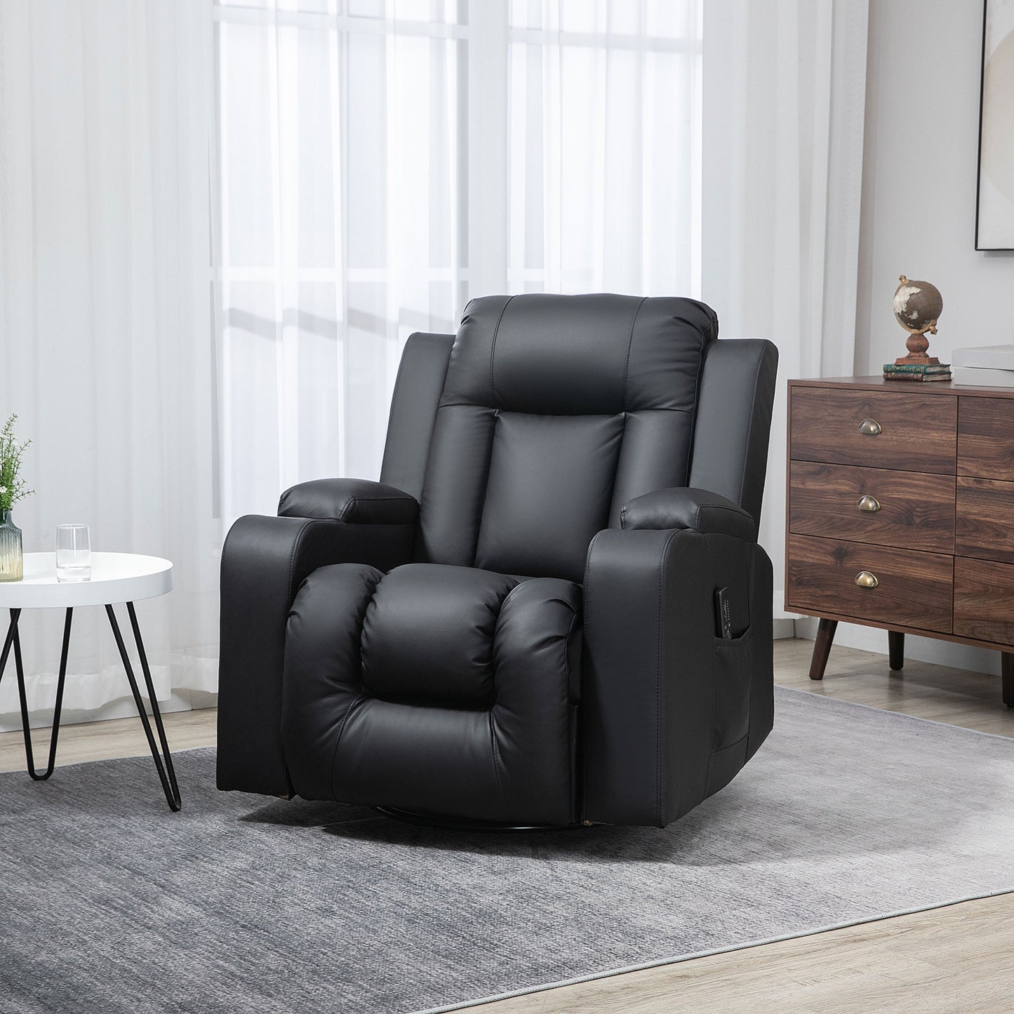 Swivel Massage Recliner Chair Rocker, Overstuffed Manual Reclining Sofa, PU Leather Rocking Chair with Side Pockets, Cup Holders, for Living Room, Nursery, Black