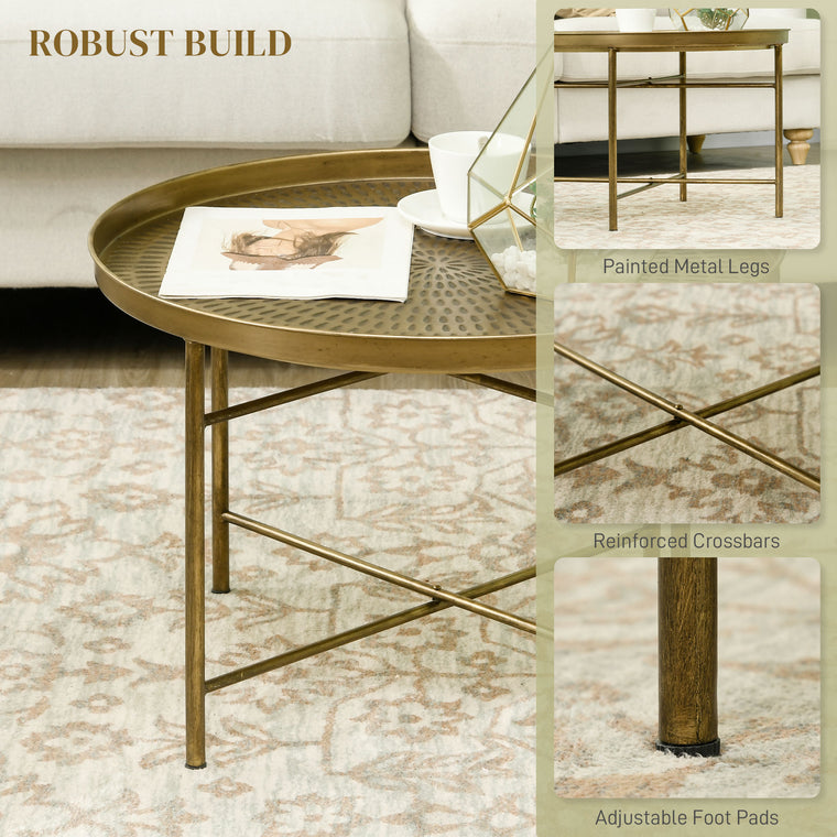 24" Round Coffee Table with Hammered Tray Top - Gold