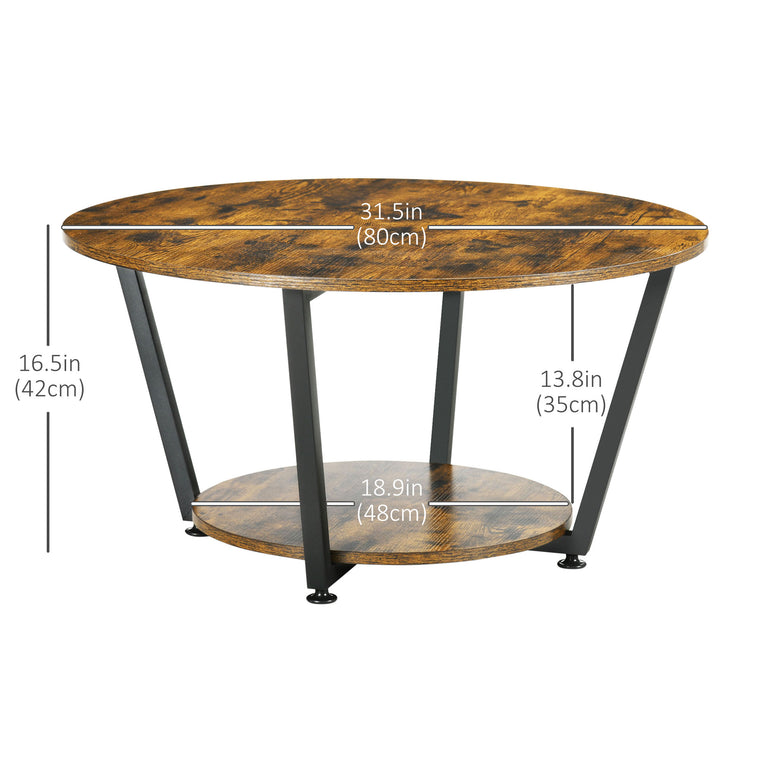 2-Tier Round Coffee Table with Storage - Rustic Brown