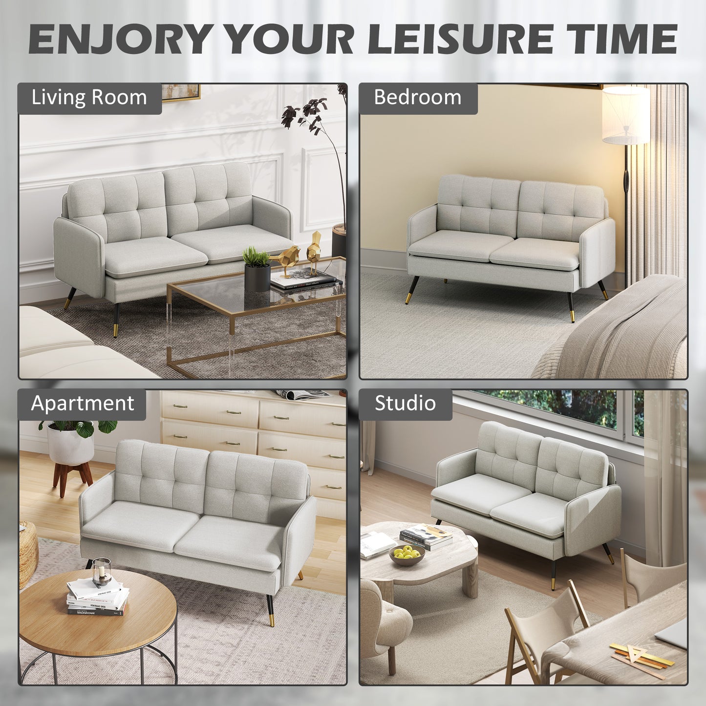 55" Loveseat Sofa, Linen Love Seat w/ S spring, Steel Legs and Button Tufting, Small Couch for Living Room, Cream White