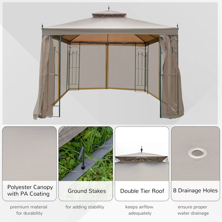 10' x 10' Brown Steel Gazebo with Curtains & Display Shelves