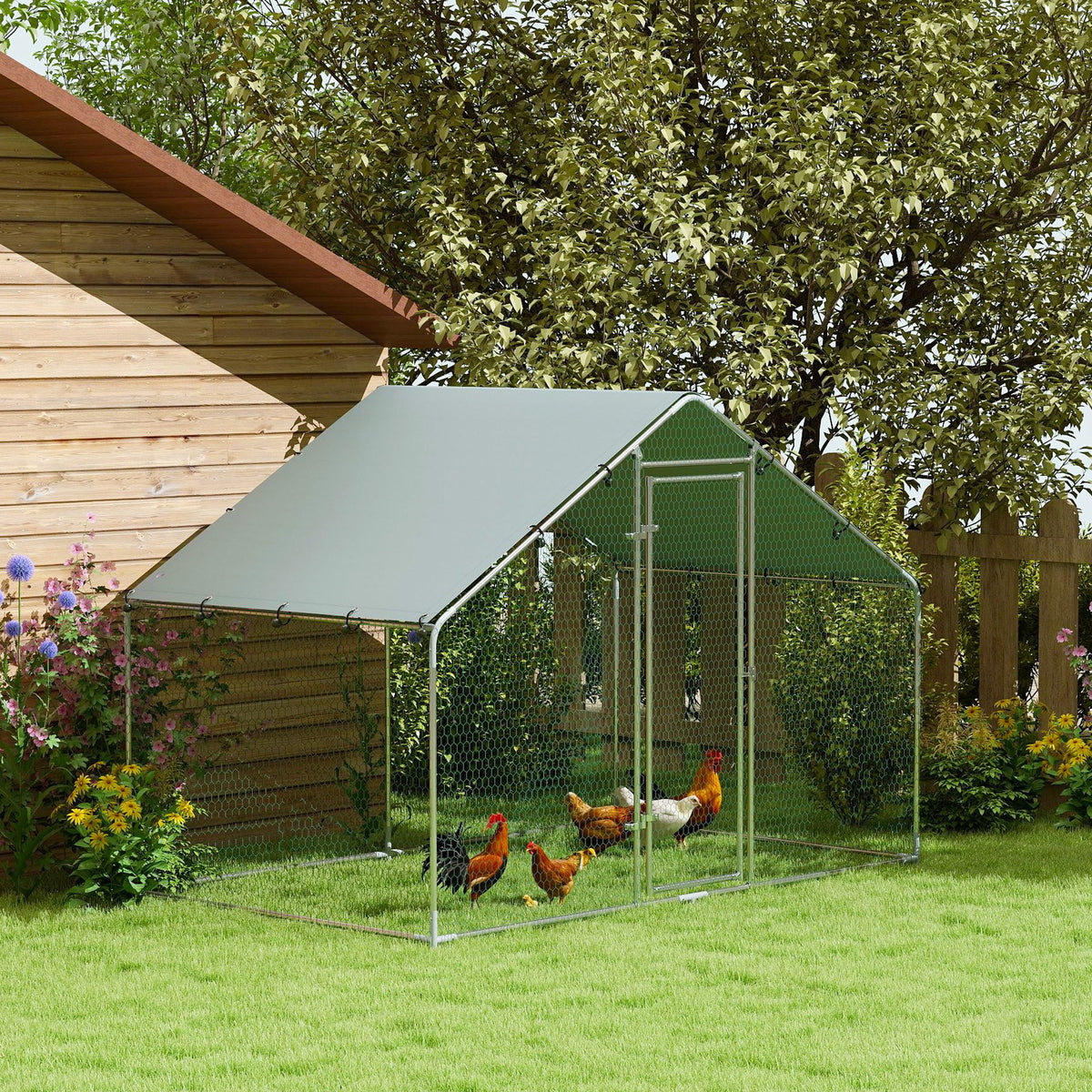 Metal Chicken Coop, 9.8 x 11.2 FT Walk-in Chicken Run with Cover, Lockable Door, Outdoor Poultry Cage for 10-15 Chickens