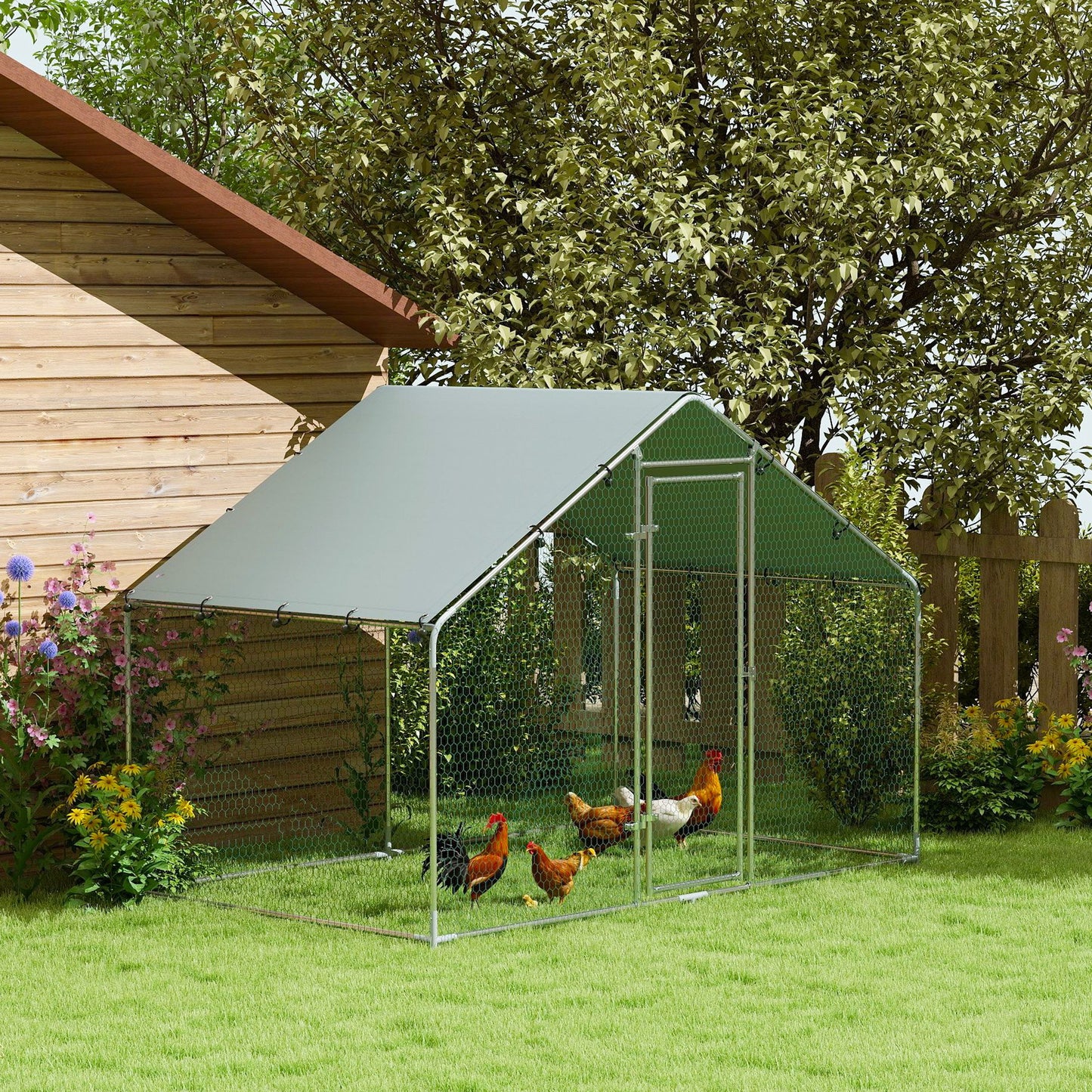 Metal Chicken Coop, 9.8 x 11.2 FT Walk-in Chicken Run with Cover, Lockable Door, Outdoor Poultry Cage for 10-15 Chickens - 9.8' x 5.6'