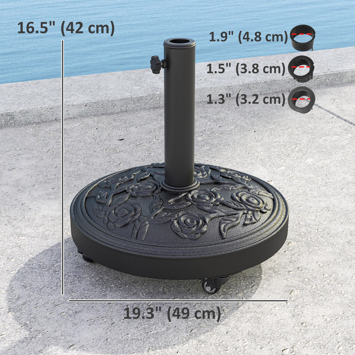 Black Resin Round Umbrella Base, 46 lbs with Wheels