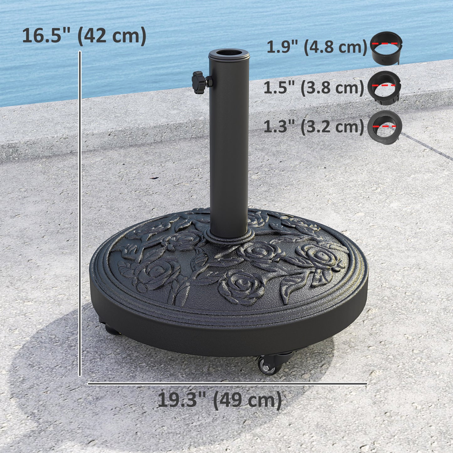 Black Resin Round Umbrella Base, 46 lbs with Wheels
