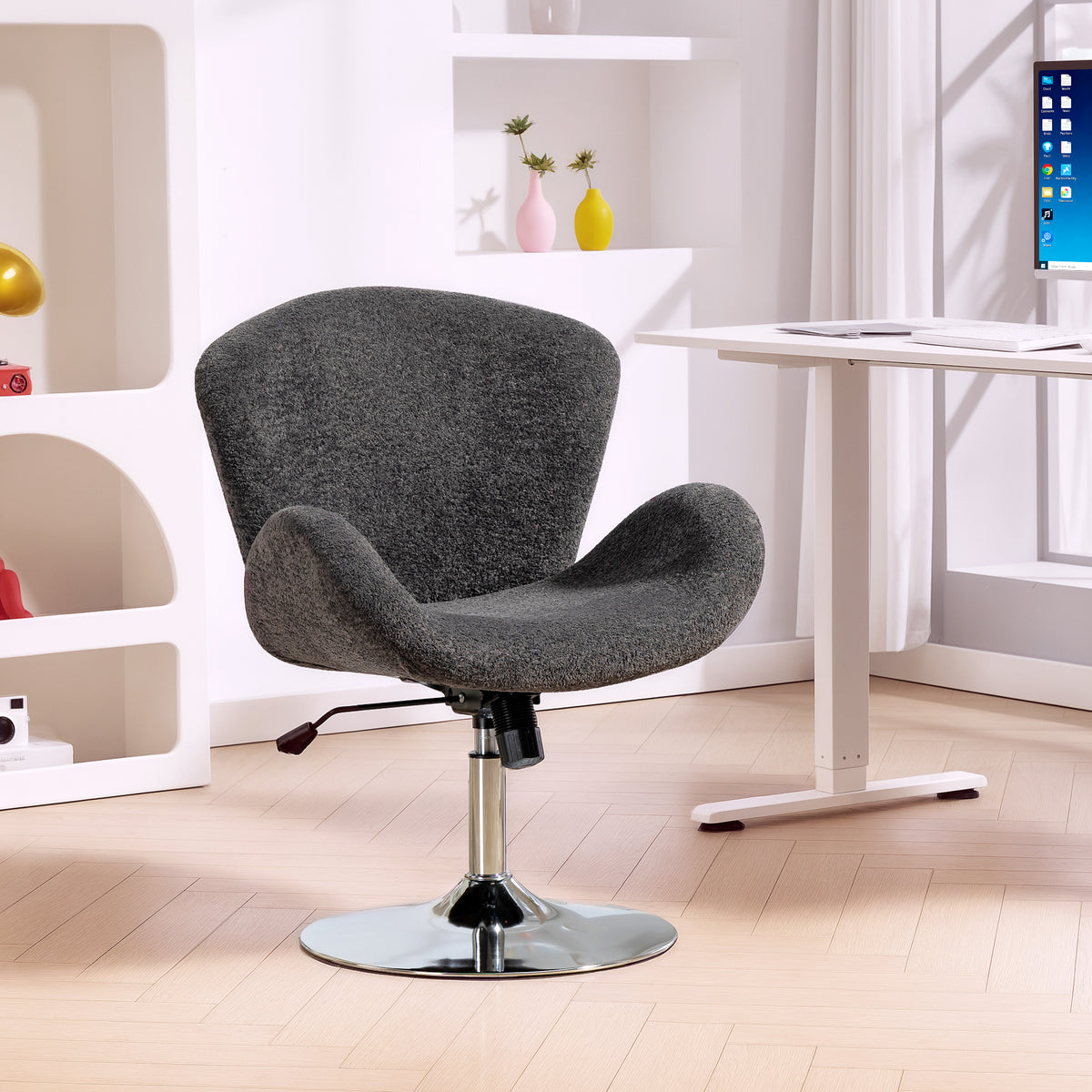 Swivel Office Chair, Velvet Desk Chair with Wide Bucket Seat, Butterfly Back, Tilt Function and Round Base, Dark Grey