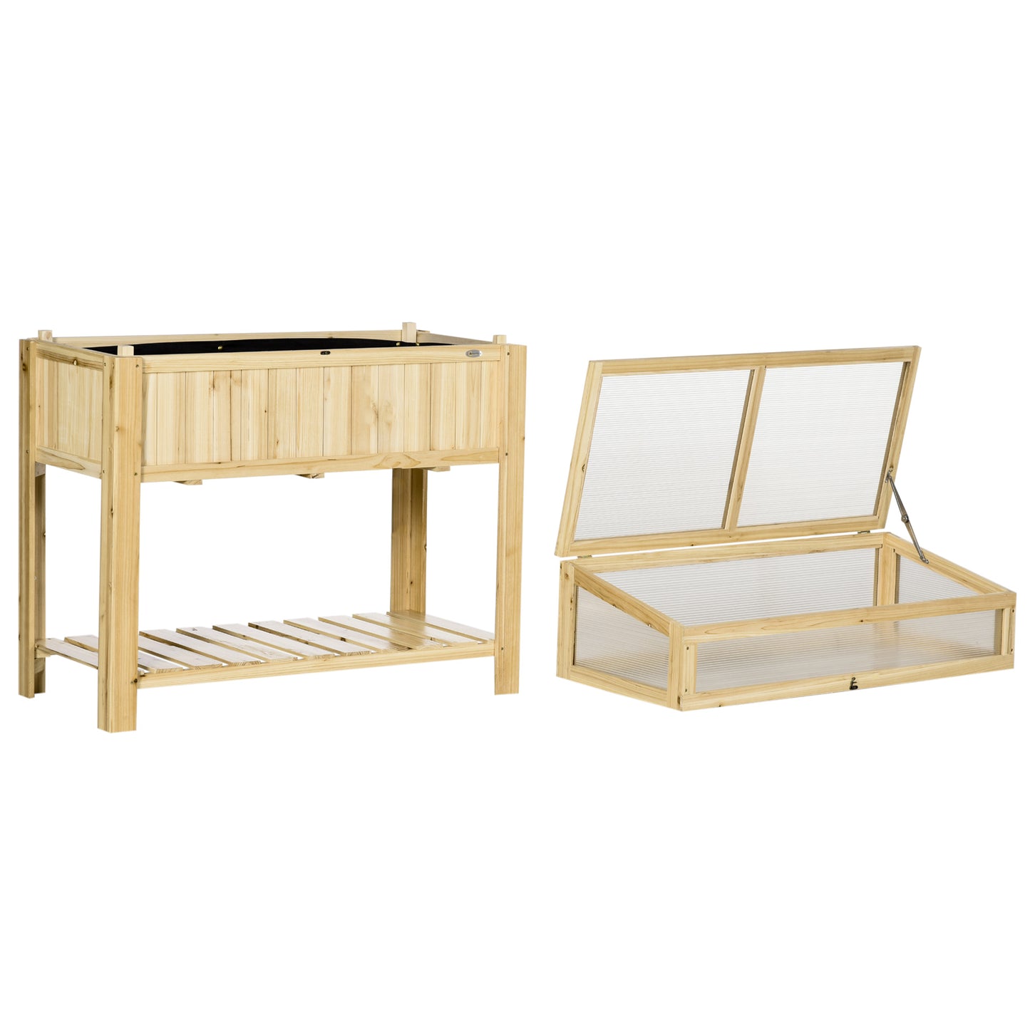 Raised Garden Bed, Outdoor Wooden & PVC Elevated Planter Box with Cold Frame Greenhouse and Storage Shelf, Natural