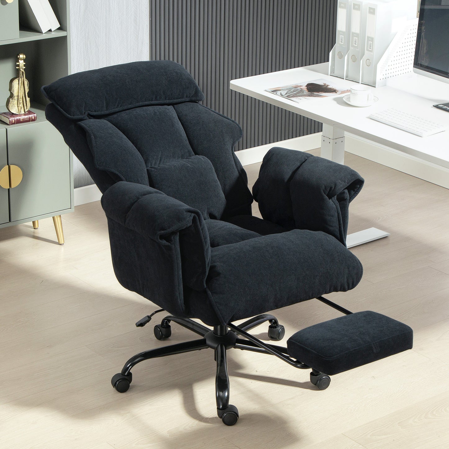 Desk Chair, Computer Office Chair with Footrest, Adjustable Backrest and Headrest, Black