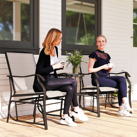 Double Patio Glider Chair with Glass Top Center Table, Outdoor Glider Loveseat with High Back, All Weather Breathable Mesh Fabric for Garden, Backyard, Deck, Beige