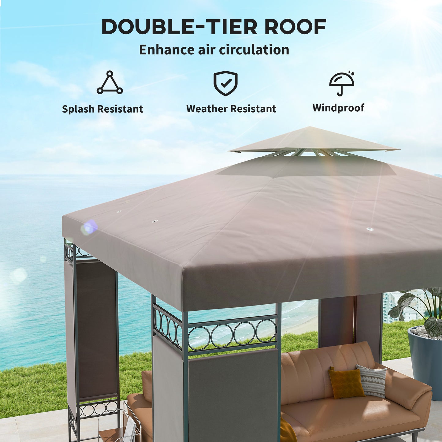 10 x 10 FT Canopy Gazebo, Double Roof Patio Gazebo with Screen Panels and Metal Frame for Deck, Backyard, Khaki