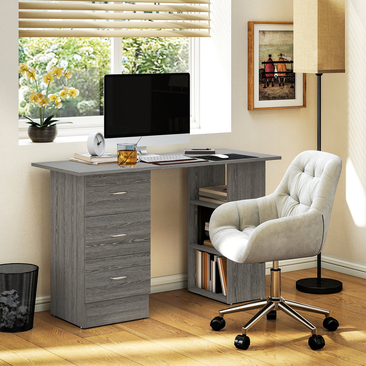 Computer Desk, 47" Writing Table with 3-Tier Shelves and 3 Reversible Drawers for Home Office, Bedroom, Grey