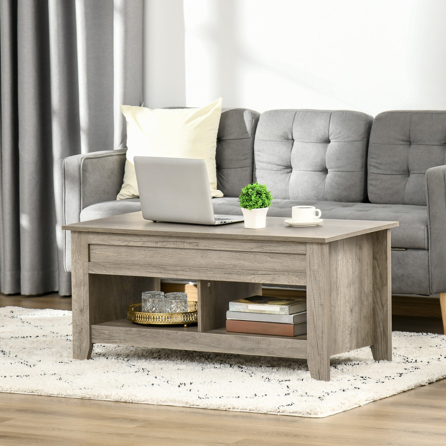 Lift Top Coffee Table with Hidden Storage Compartment and Open Shelves, Lift Tabletop Pop-Up Center Table for Living Room, Oak Effect