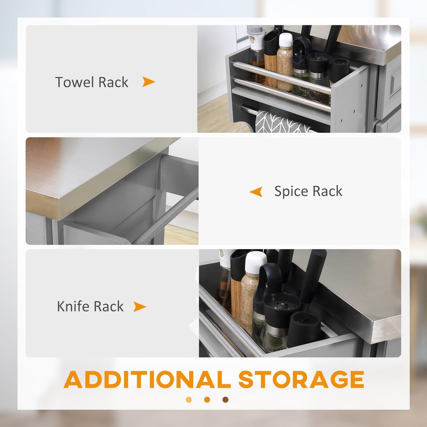Stainless Steel Kitchen Island with Storage and Stainless Steel Top, Kitchen Trolley with Drawers, Cabinets, Towel Rack, Grey