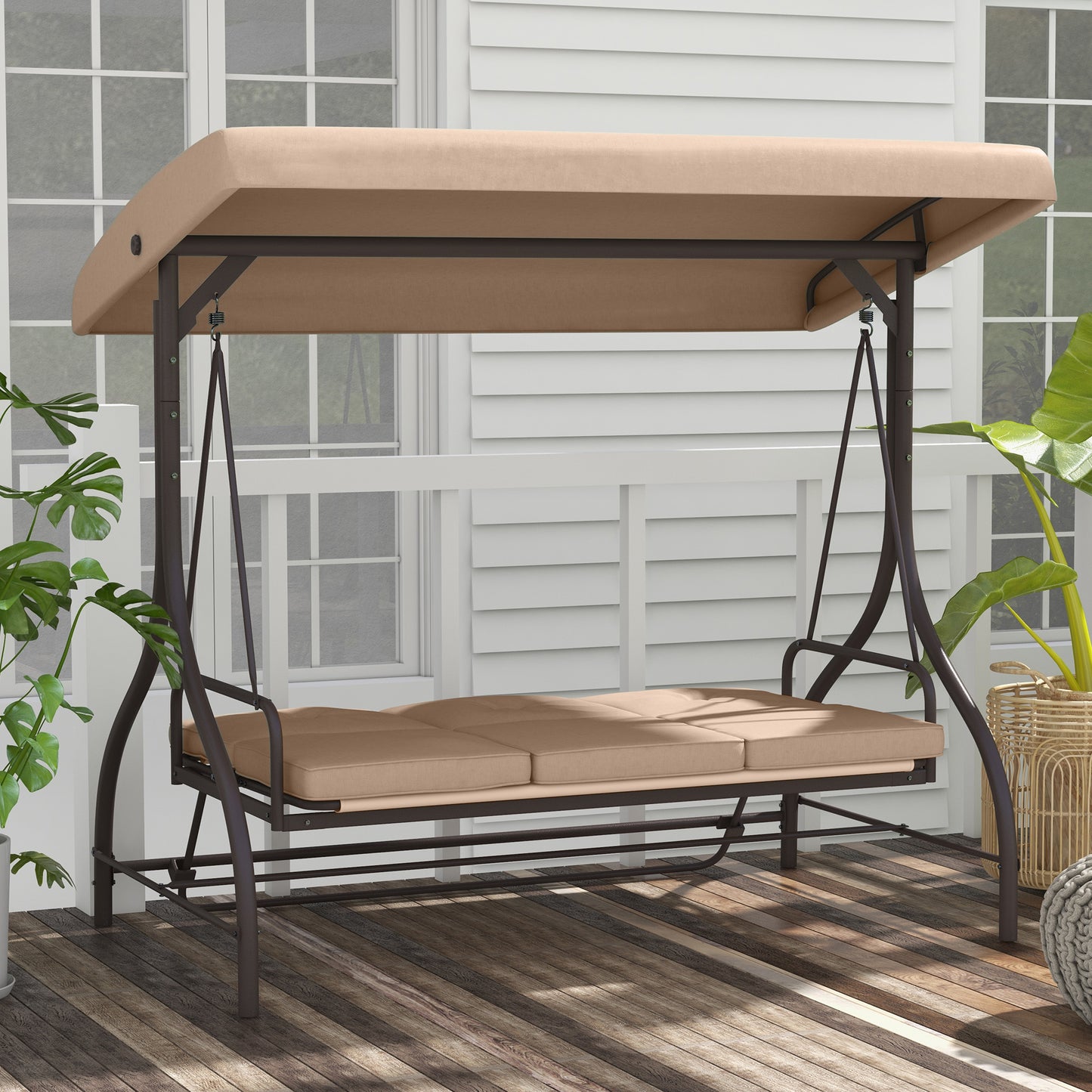 Convertible Patio Swing Bed with Canopy and Cushions, 3 Seater Porch Swing for Outdoor, Backyard, Garden, Black