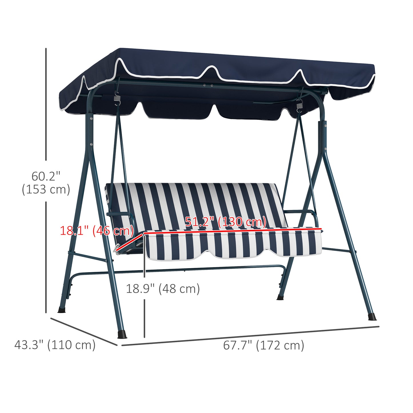 3-Seater Outdoor Porch Swing with Adjustable Canopy, Patio Swing Chair for Garden, Poolside, Backyard, Wine Red