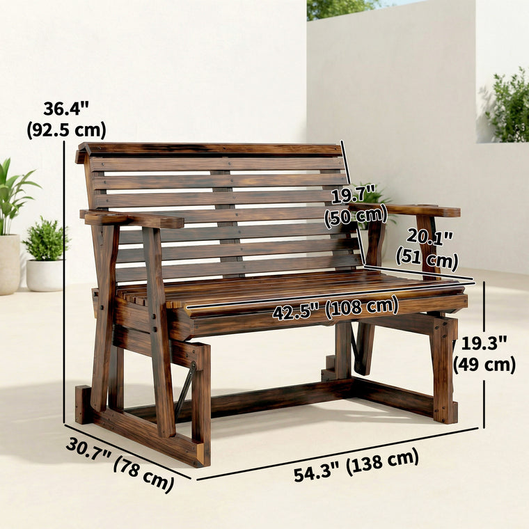 Wooden Glider Bench with Cupholders and Slatted Seat