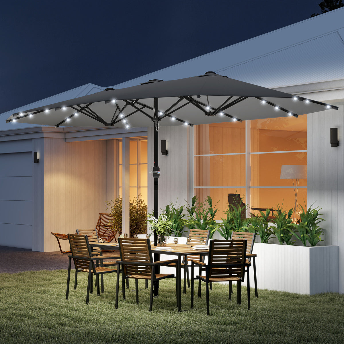 173" Double-Sided Sun Umbrella Garden Parasol Patio Sun Shade Outdoor with LED Solar Light, No Base Included, Dark Gre