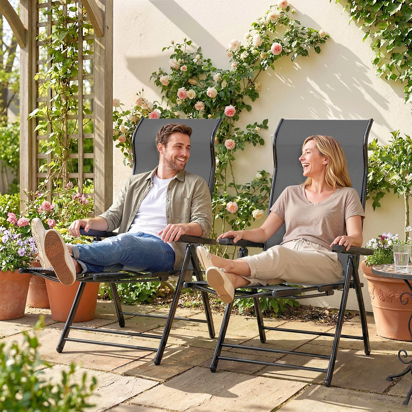 Folding Patio Chairs Set of 2, 5-Position Outdoor Lounge Chairs with High Back, Retractable Footrest, Dark Grey