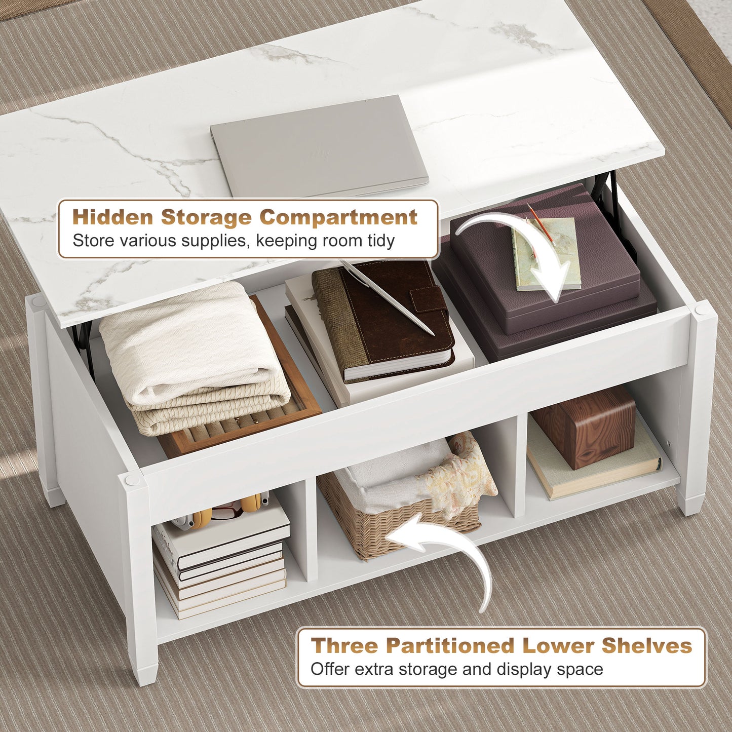 Lift Top Coffee Table, Modern Center Table with Storage Shelves and Hidden Compartment for Living Room, 41" L, White