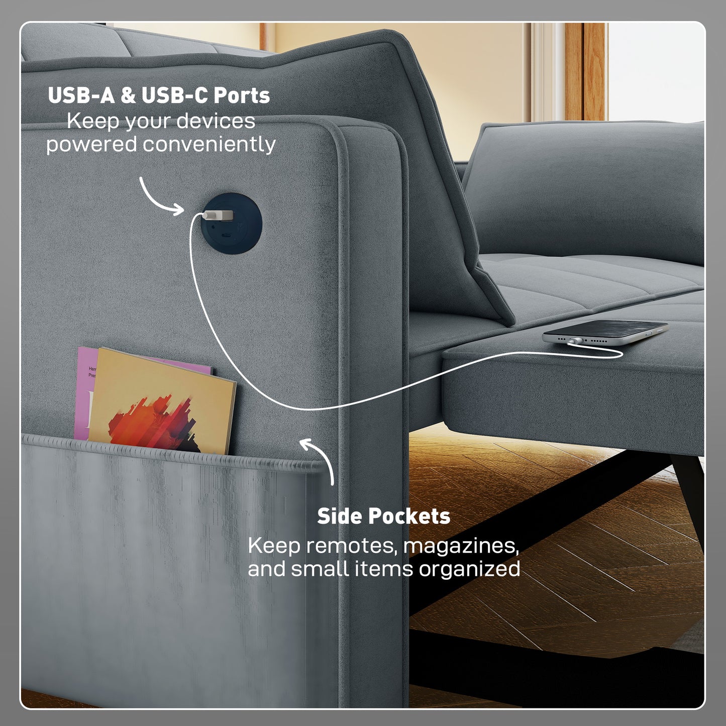 3-in-1 Convertible Sofa Bed, Pull-Out Sleeper Sofa with USB Charging, Adjustable Backrest and Side Pockets, Dark Grey