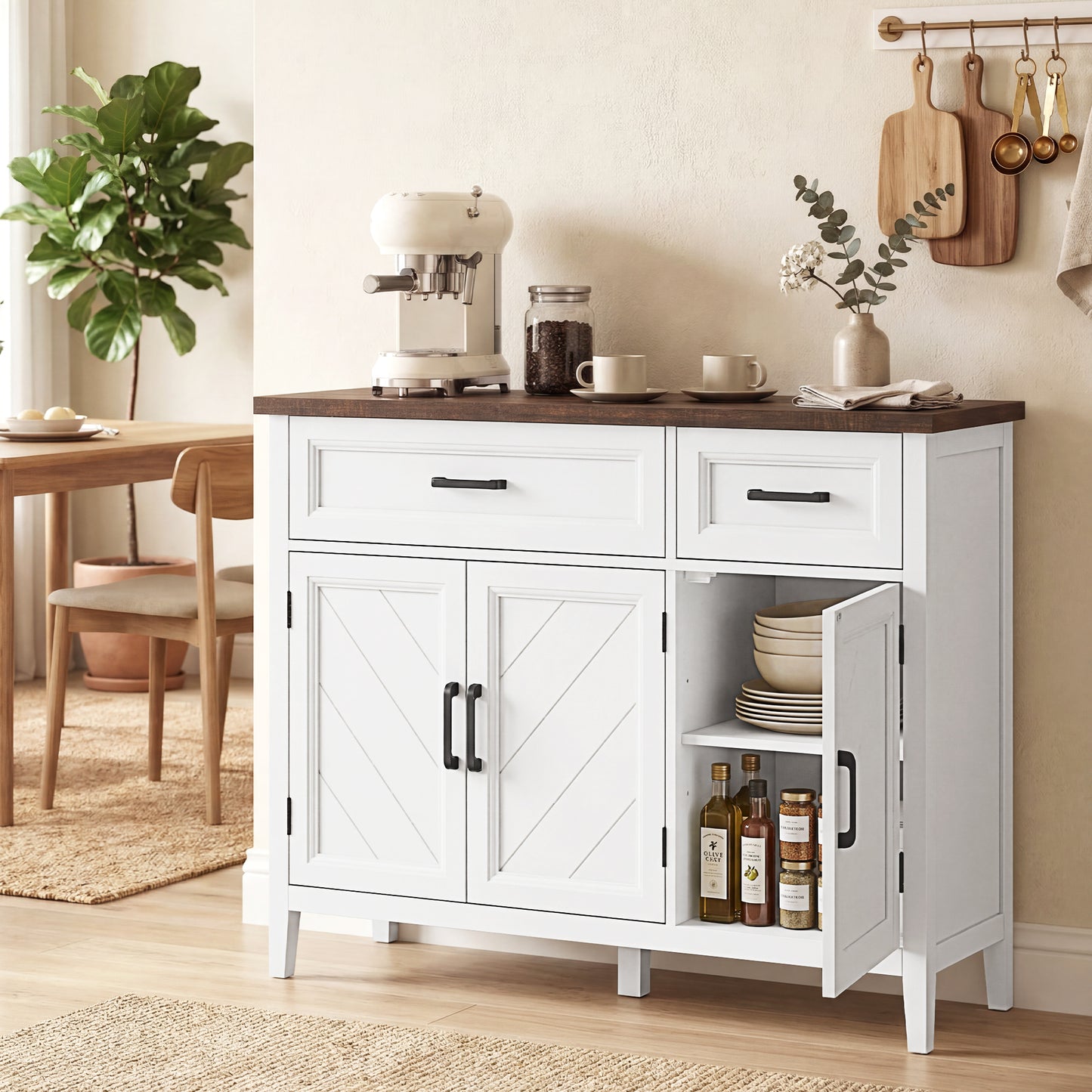Sideboard Buffet Cabinet, 44" Farmhouse Kitchen Cabinet with 3 Chevron Doors, 2 Drawers and 2 Adjustable Shelves, White