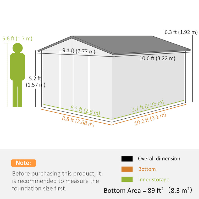 9' x 10.6' Metal Tool Shed with Double Doors and Foundation Kit