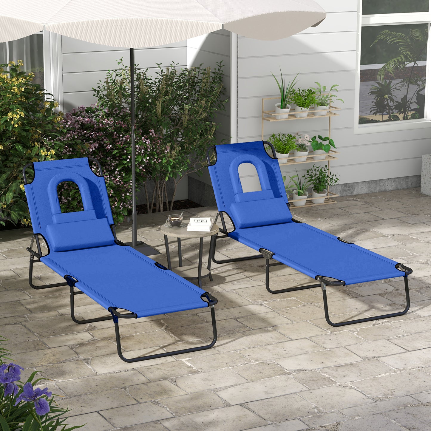 Folding Lounge Chair Set of 2, Reclining Beach Tanning Chair with Face Hole, Pillow, 4-Position Adjustable Flat Sun Lounger, Steel Frame for Outdoor Patio Pool, Green