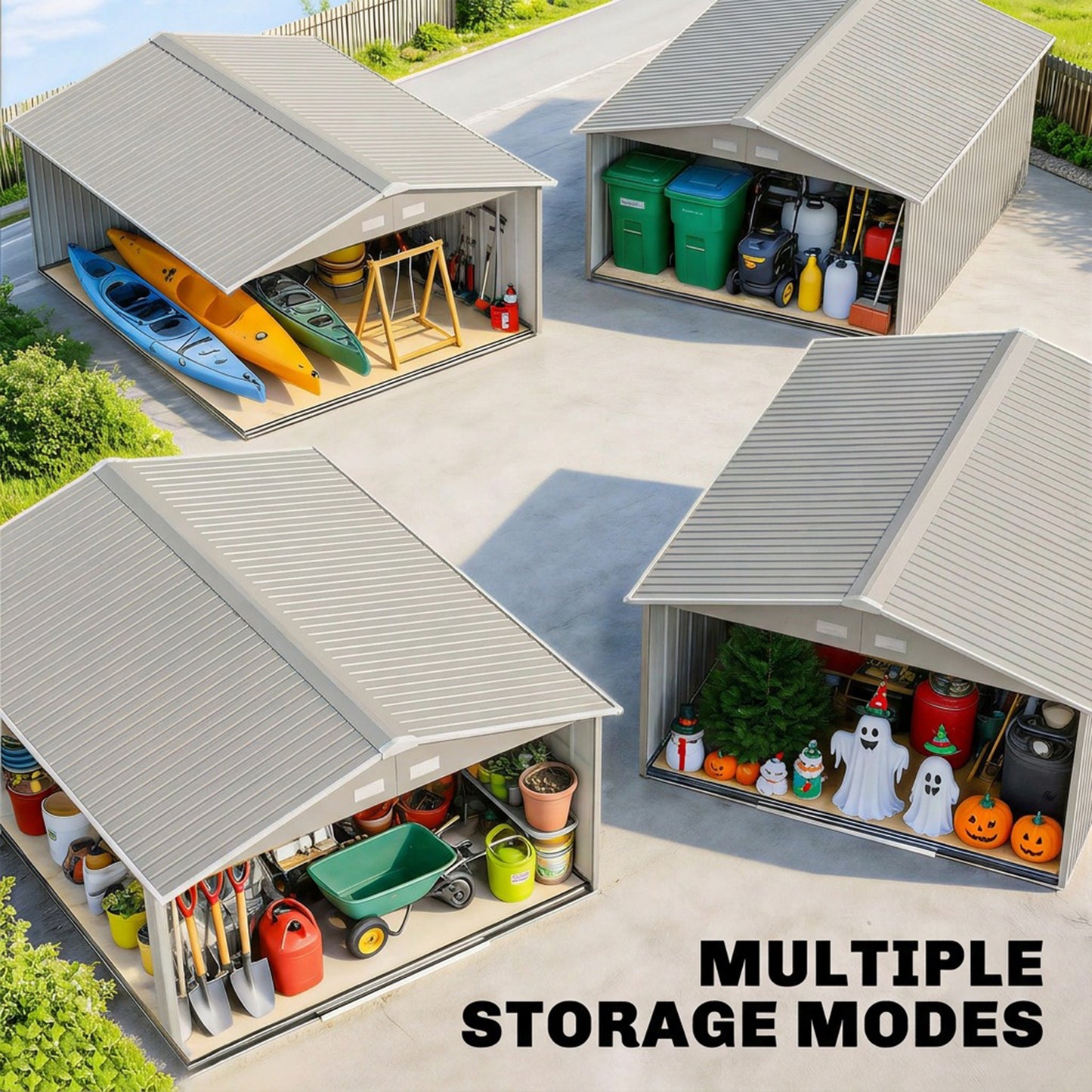 11' x 13' Practical Backyard Garden Storage Tool Shed Double Sliding Door 4 Ventilation Slots, Light Grey