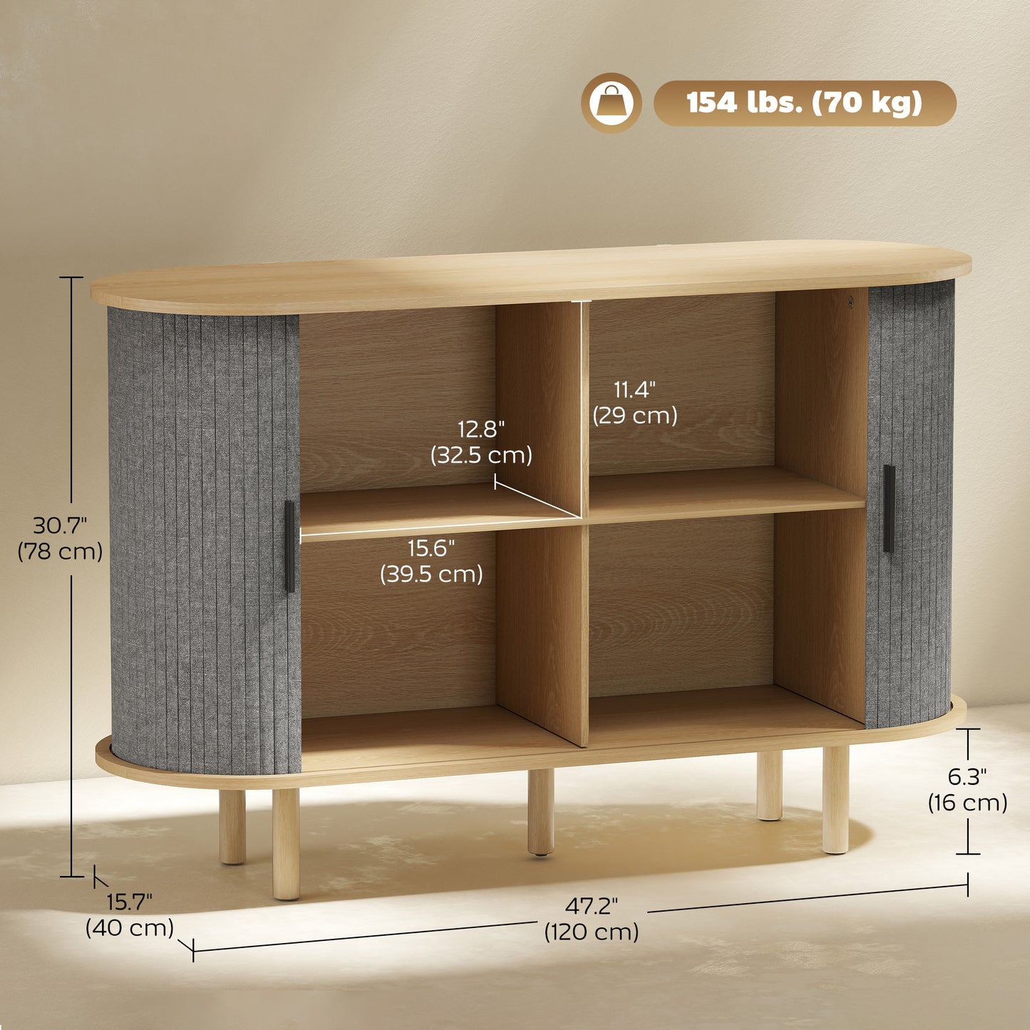 47" Buffet Cabinet with Tambour Sliding Doors, Fluted Sideboard with Storage Shelves and Wooden Legs, Grey