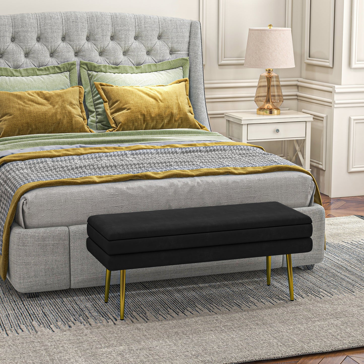 39" Storage Ottoman, Velvet End of Bed Bench with Steel Legs, Foot Stool with Storage for Bedroom, Living Room, Black