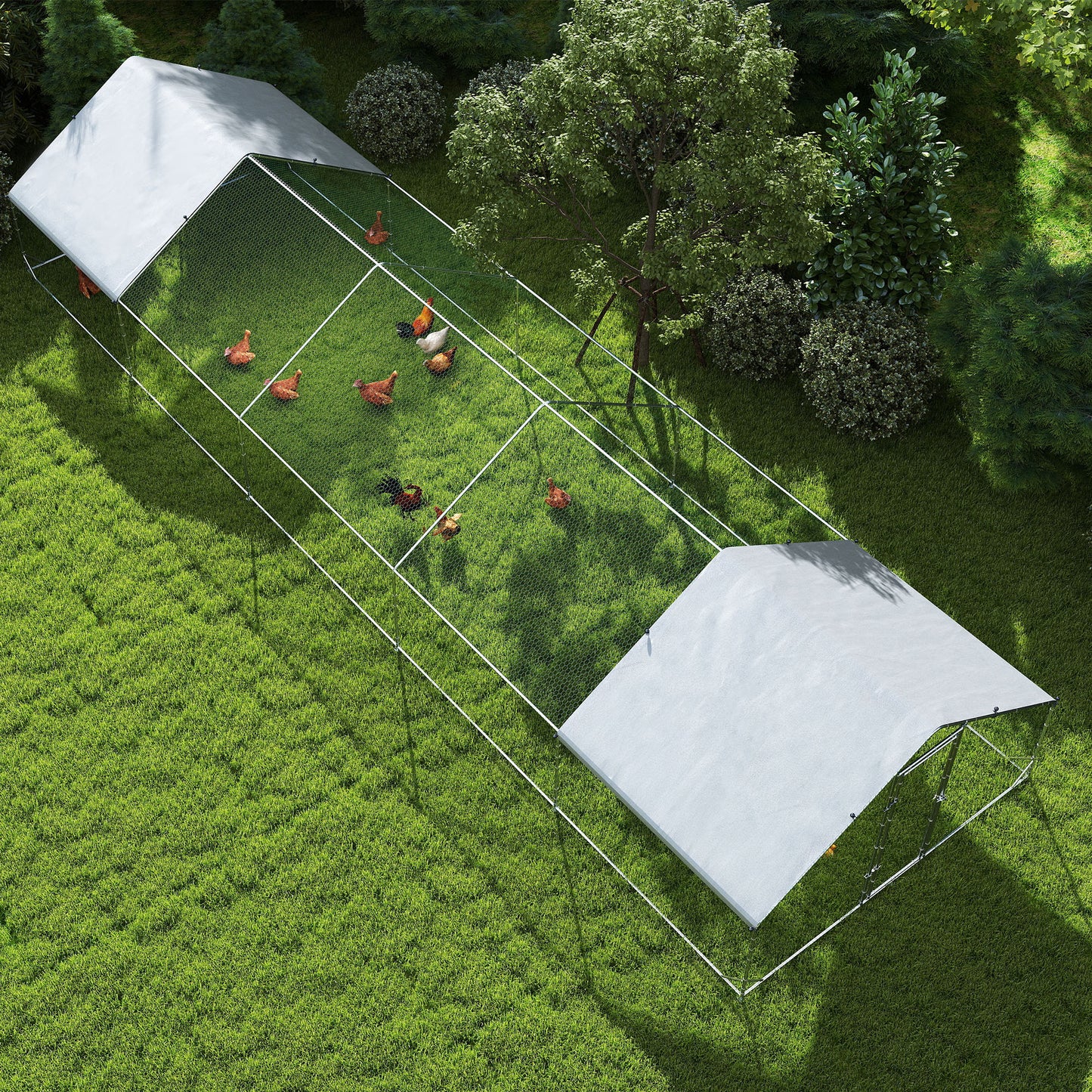 Metal Chicken Coop with Water- and UV-Protection Cover for Backyard Hen, Duck, Rabbit, 9.8' x 32.8' x 6.4'