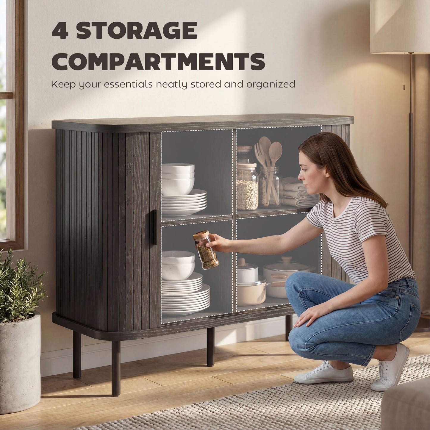 35.4" Sideboard Buffet Cabinet with Storage, Nordic Coffee Bar Cabinet with Slatted Tambour Doors and Metal Legs, Black