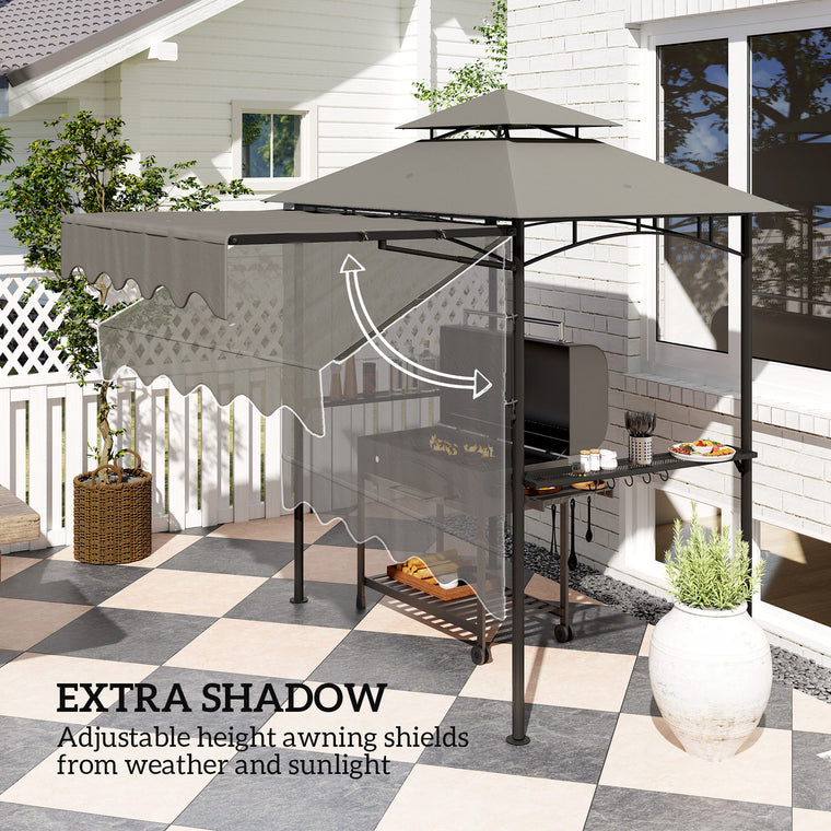 8' x 7.6' Light Grey Grill Gazebo with Side Awning & Shelves