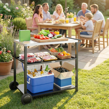 Black 3-Tier Grill Cart with Stainless Steel Tabletop