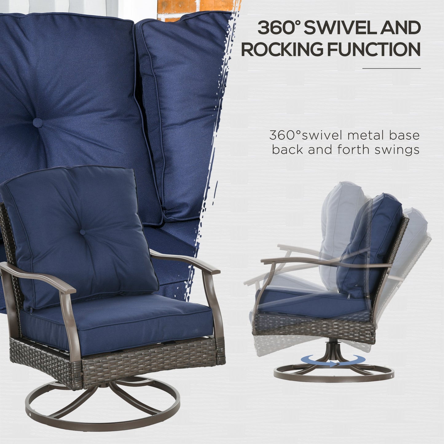 4 Pcs Wicker Sofa Set with 2 Swivel Chairs Patio Furniture Set w/ Two Tier Tea Table & Cushions, Navy Blue