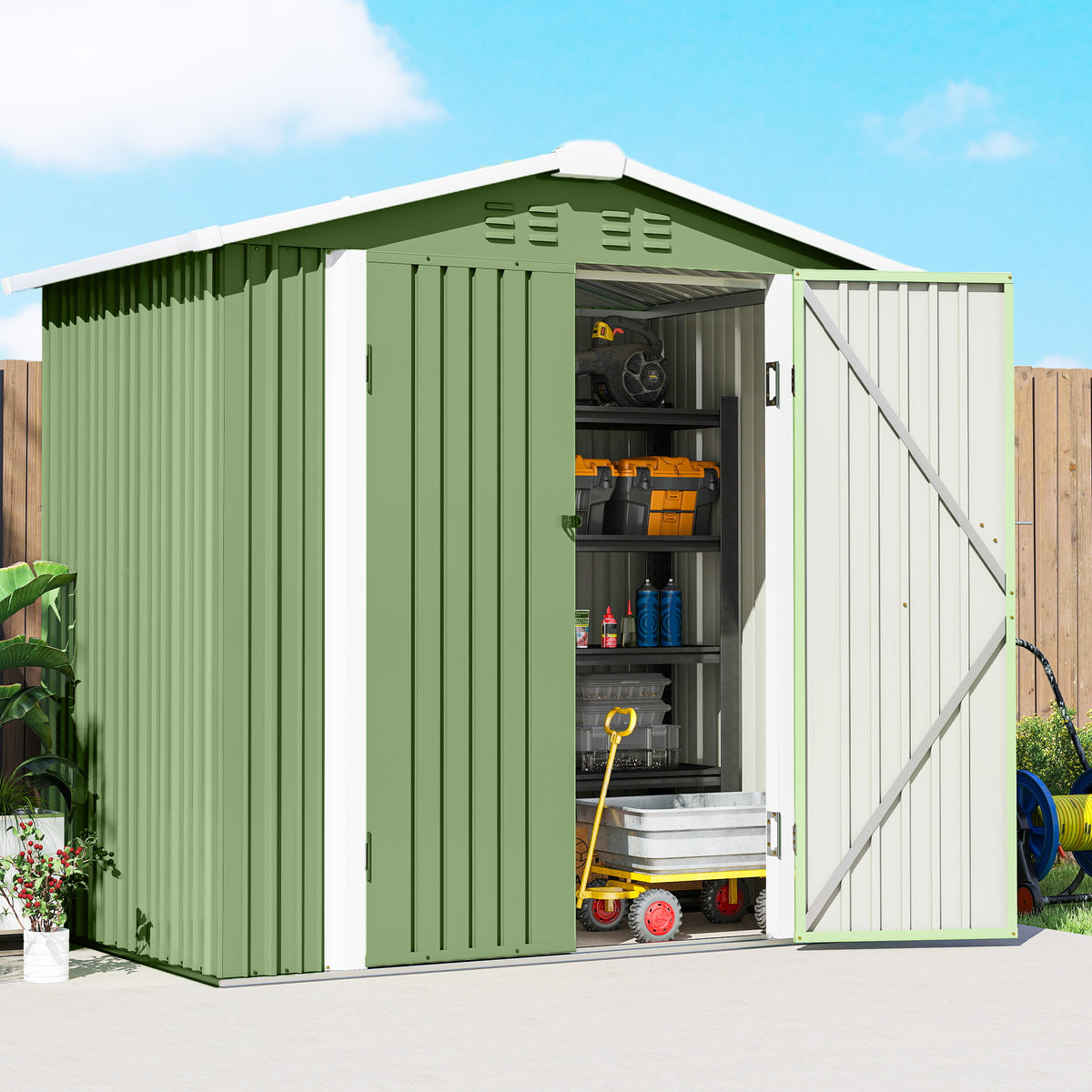 6.5' x 4' Outdoor Storage Shed, Metal Garden Shed with Lockable Double Doors, 4 Vents, Light Green